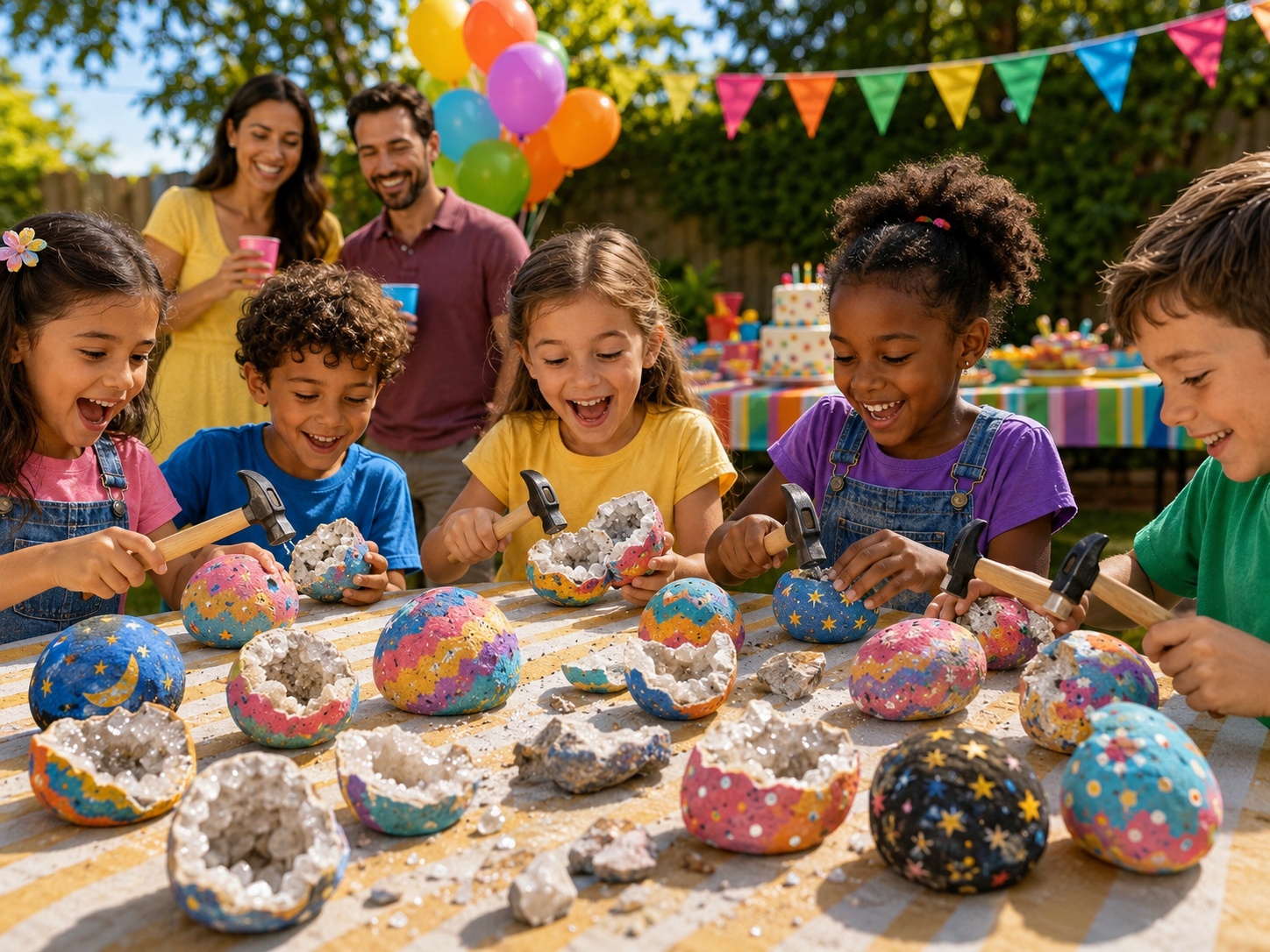 Kids cracking open geodes at a birthday party